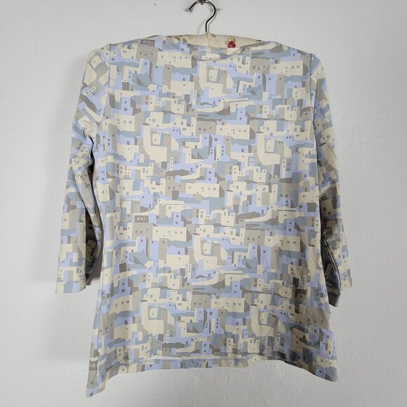 J.McLaughlin Beige & Blue Abstract Print 3/4 Sleeve Boat Neck Top Small Stretch - Picture 2 of 8